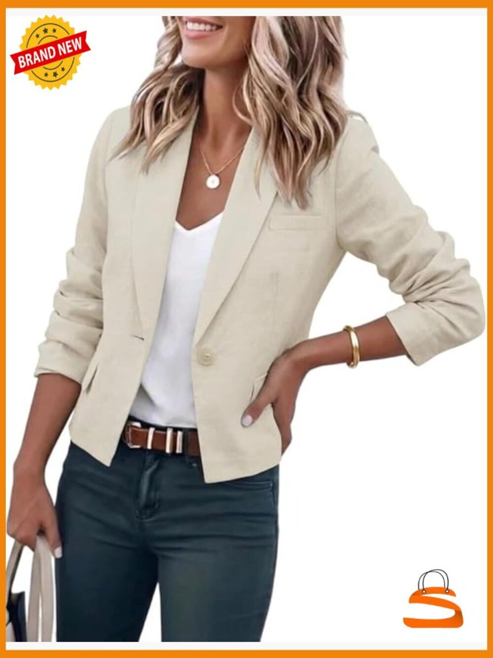 Cropped Blazer Casual Lightweight Cotton Linen Suit Jacket Long Sleeve Notch